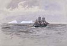 Icebergs and B. Bark Arethusa from S.S. North American, Approaching the Newfoundland Coast