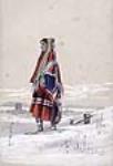 [Kanienhkenha:ka (Mohawk) woman travelling using snowshoes back to her Kahnawake village in the Seigneury of Sault St. Louis]. Original title: Indian Squaw in her Sunday Best with Montréal in the Distance