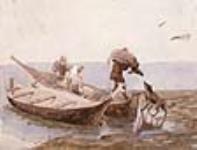 Recto : hommes déchargeant le gibier d'un canot, côte de la Colombie-Britannique. Verso : croquis représentant un indien assis et deux autres debout 1899