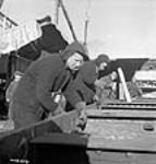 Female workers bolting girders over hold of merchant ship under construction at the Pictou Shipyard, Pictou, N.S. Jan. 1943