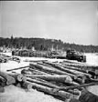 Des bûcherons déchargent les billes de traîneaux tirés par des chevaux sur la surface gelée du lac Sloe pour leur transport vers l'usine de pâte. mars 1943