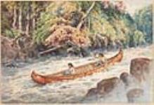 Indiens descendant les rapides en canot d'écorce ca. 1880