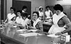 Nurse is instructing students at the University of Alberta Hospital. c 1955