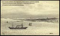 S.S. Mackay Bennett the Commercial Cable Company's repairing steamer coming into Chedabucto Bay, Nova Scotia to meet the S.S. Faraday Cranberry Island Lighthouse in the distance. July 5, 1893