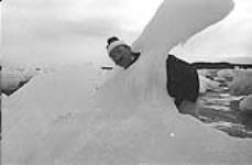 [Mackenzie Porter sticking his head through a hole in a chunk of ice]. [between 1956-1960]