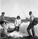 [Three people standing next to a chunk of ice on land]. [between 1956-1960]