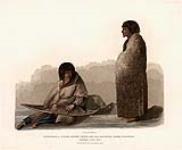 Keskarrah, guide amérindien du cuivre, et sa fille Green Stockings réparant une raquette. 1823.
