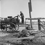 Un homme travaillant sur une pompe manuelle pour extraire du pétrole. 1955