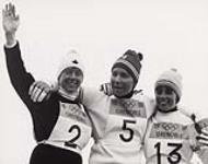 Nancy Greene, silver medal winner in slalom, with two other medallists, Marielle Goitschel and Annie Formose at 1968 Winter Olympics. 15 February, 1968