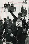 Nancy Greene being carried on the shoulders of Canadian skiers Bob Swan and Bill McKay following her gold medal win in giant slalom at the 1968 Winter Olympics. 15 February, 1968