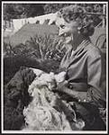 Mrs. Sylvestra Modeste, of Duncan, B.C., displays a quantity of raw wool from both black and white sheep, which will be used in the knitting of Cowichan sweaters. [ca. 1960]