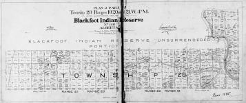 Plan of part of Township 20, Ranges 19, 20 and 21, W. 4th M., being surrendered portion of the Blackfoot Indian Reserve No. 146, Alberta, Surveyed by William H. Waddell, D.L.S. 1910....R.G. Orr.