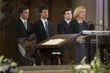 [Christine, Quinn, John and Galen Flaherty speak to guests at the state funeral for Minister Jim Flaherty in Toronto] 16 April 2014