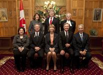 [Prime Minister Stephen Harper poses for a photo with newly appointed Senators Rose-May Poirier, Pierre-Hugues Boisvenu, Elizabeth Marshall, Bob Runciman and Vim Kochhar on Parliament Hill] 3 March 2010