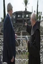 [Prime Minister Stephen Harper and Laureen Harper arrive at Capernaum and are greeted by Father Arcadius of the Franciscan Order and guide Father Ibrahim Fartas] 22 January 2014
