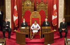 [Prime Minister Stephen Harper, Governor General Michaëlle Jean and Senator Michel Biron wait for the return of the Usher of the Black Rod at the Royal Assent Ceremony in the Senate Chamber in Ottawa] 22 June 2007