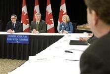 [Prime Minister Stephen Harper hosts a business roundtable with Minister Tony Clement and Dean of the Richard Ivey School of Business, Carol Stephenson, while in London, Ontario] 25 March 2010