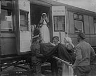 Canadian wounded officer being put on a Hospital Train. October, 1916 Oct., 1916.