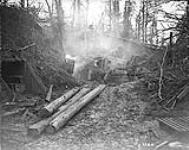 Dug-out fire in Bourlon Wood showing 8.3 German Howitzer. Advance East of Arras. October, 1918 October, 1918.