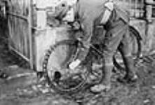 Bicyclette allemande avec pneus à ressorts utilisée par un coursier canadien Jan. 1919