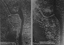 Double photo of trench system (Belgium) before and after bombardment 1914-1919.