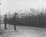 O.C. Canadian Discharge Depot Buxton, addressing the Canadians prior to proceeding to Canada for discharge and furlough 1914-1919