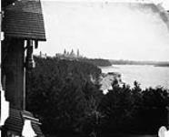 Parliament Buildings and the city of Ottawa looking up the Ottawa River from Reynolds House at Earnscliffe July, 1880.