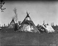 Indian teepees at Gods Lake, Man. [Cree Indians.] 1925