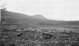 Mountains between Prophet and Nelson Rivers, B.C., showing trappers' shack 1927