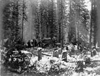 L'équipe chargée de l'étude géologique et des levés pour la construction du chemin de fer du Canadien Pacifique cache des provisions à l'embouchure de la rivière Thompson Nord, en Colombie 30 Oct. 1871