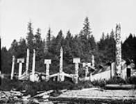 Des maisons et des poteaux sculptés [d'Indiens haïdas] au village indien de Cumshewa [Cumshewa Inlet, îles de la Reine-Charlotte, Colombie-Britannique] 16 juillet 1878.