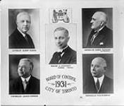 Board of Control: (upper left) - Controller Albert Hacker; (lower left) - Controller James Simpson; (centre) - William J. Stewart; (upper right) - Controller George Ramsden; (lower right) - Controller W.D. Robbins 1931