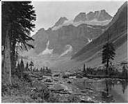 Consolation Valley [with] Bident Mountain, [Alta.] and Mount Quadra, [B.C. in background] Jan. 1925