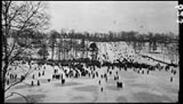 [Skating] on Grenadier Pond with slides in background, High Park 18 Jan. 1914