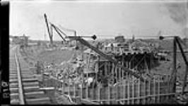 Building cement piers near Lock 4 (during construction of the) new Welland Canal 17 Apr. 1914