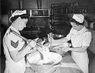 Unidentified airwomen preparing food in the test kitchen, No.1 Nutritional Laboratory, R.C.A.F., Guelph, Ontario, Canada, 3 April 1944 Apri1 3, 1944