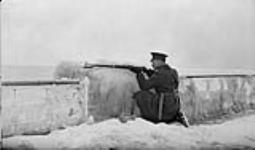 Pte. Lowery of the 97th Battalion on lake front with ice in the Exhibition Grounds 15 March 1916