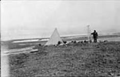 A general view of the camp at Rogers Harbor, Wrangell Island, [Alaska]. Templeman is holding a sled made from a pair of skis 1913 - 1914