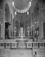 View towards the altar from the nave of an unidentified church, possibly by the architect Louis Audet 1956