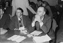 (Peace Campaign) Allan Brown, CCF MLA (smoking cigarette) Lobbyist met a number of MLA's in a special room in the buildings turned over to Lobby Mar. 1951
