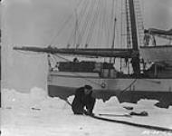 C.G.S. "Arctic" anchored in the ice off Cape Mercy and taking on water, Chief Engineer Theriault in foreground 1924