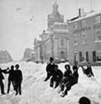 Children playing in the snow in front of City Hall [1875].