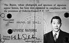 Front of Sutekichi Miyagawa's internment identification card issued by the Canadian Government in compliance with Order-in-Council P.C. 117 12 Mar. 1941