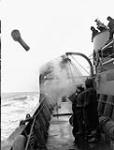 Firing of a depth charge from the corvette H.M.C.S. PICTOU at sea, March 1942 March 1942.