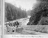 Men sitting on a timber slide on the Mattawa River, Nipissing District, Ontario [1897]