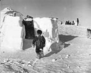 [Boy standing at entrance to igloo at Hall Island, Gulf of Boothia, N.W.T., [Nunavut] during the spring inspection flight, 1949 1949.