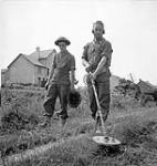 Unidentified members of the Royal Canadian Engineers (R.C.E.) sweeping the verge of a road for mines, Vaucelles, France, 20 July 1944 July 20, 1944.