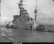 Island from aft showing flight deck, mobile equipment stowages, H.M.C.S. WARRIOR 20 Feb. 1946