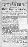 Annonce publicitaire pour la machine à coudre « Little Wanzer », à l'arrière d'une carte de visite montrant la manufacture de machines à coudre Wanzer Vers 1871