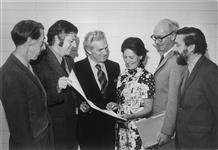 Milner Memorial Award presentation to the Right Honourable Bora Laskin (third from left) by Al Berland on behalf of the Canadian Association of University Teachers May 1971